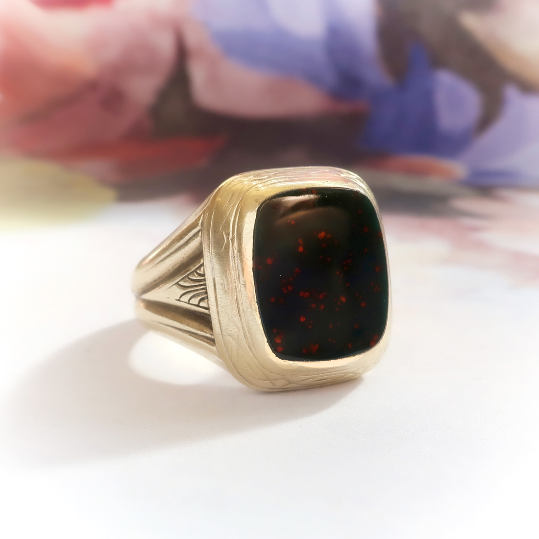 Retro Vintage Bloodstone Classic Solitaire Statement Ring 10K Yellow ...