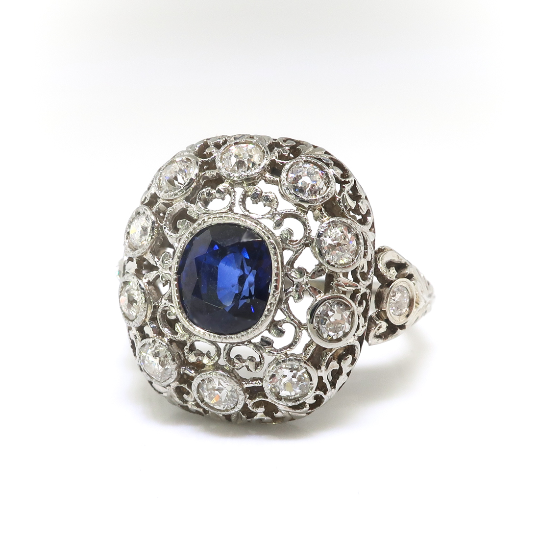 Art Deco Blue Sapphire and Diamond Filigree Dome Ring 18K | Antique ...