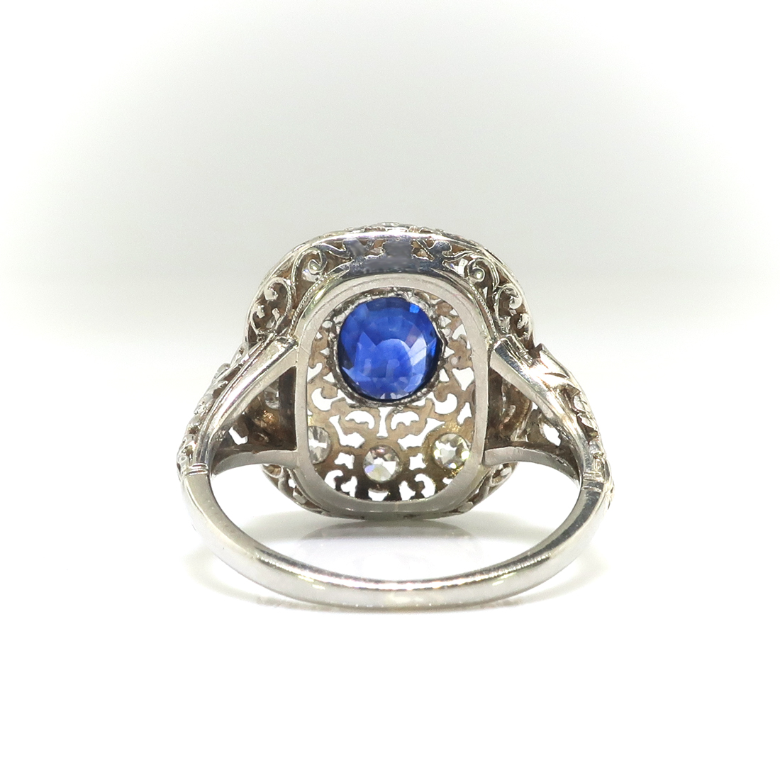 Art Deco Blue Sapphire And Diamond Filigree Dome Ring 18K Antique 
