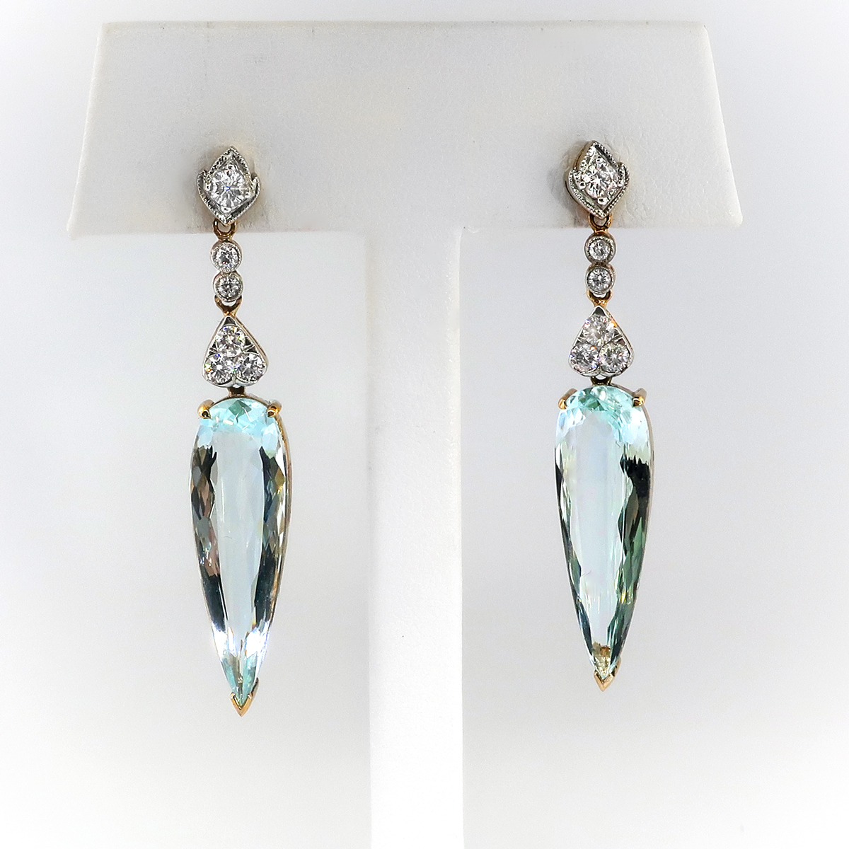 Estate Elongated Pear Cut Aquamarine and Diamond Drop Earrings 9K