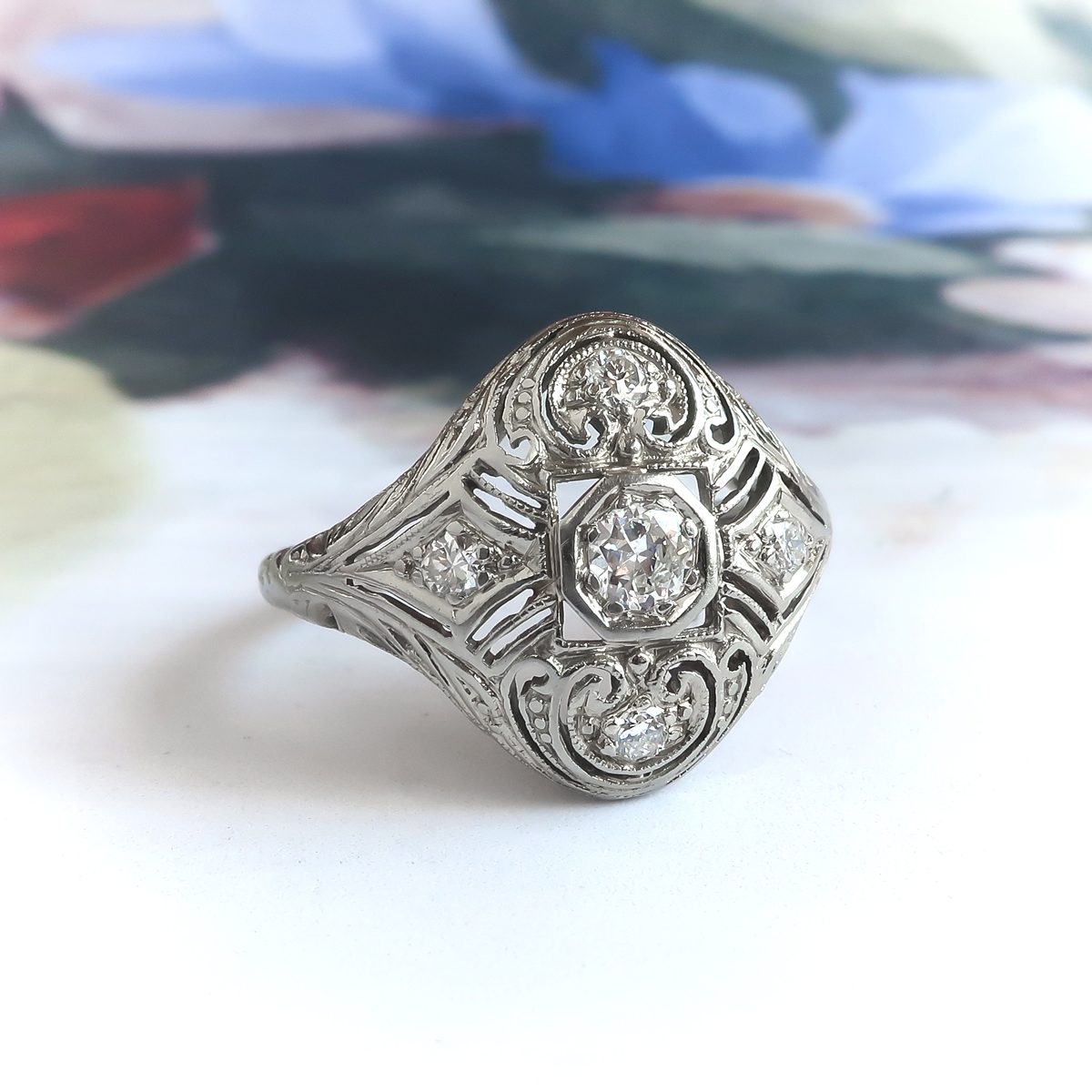 Vintage Diamond Cocktail Ring Art Deco 1930 s Old Cut Diamond Filigree Ring 18k White Gold Antique Vintage Estate Jewelry Jewelry Finds