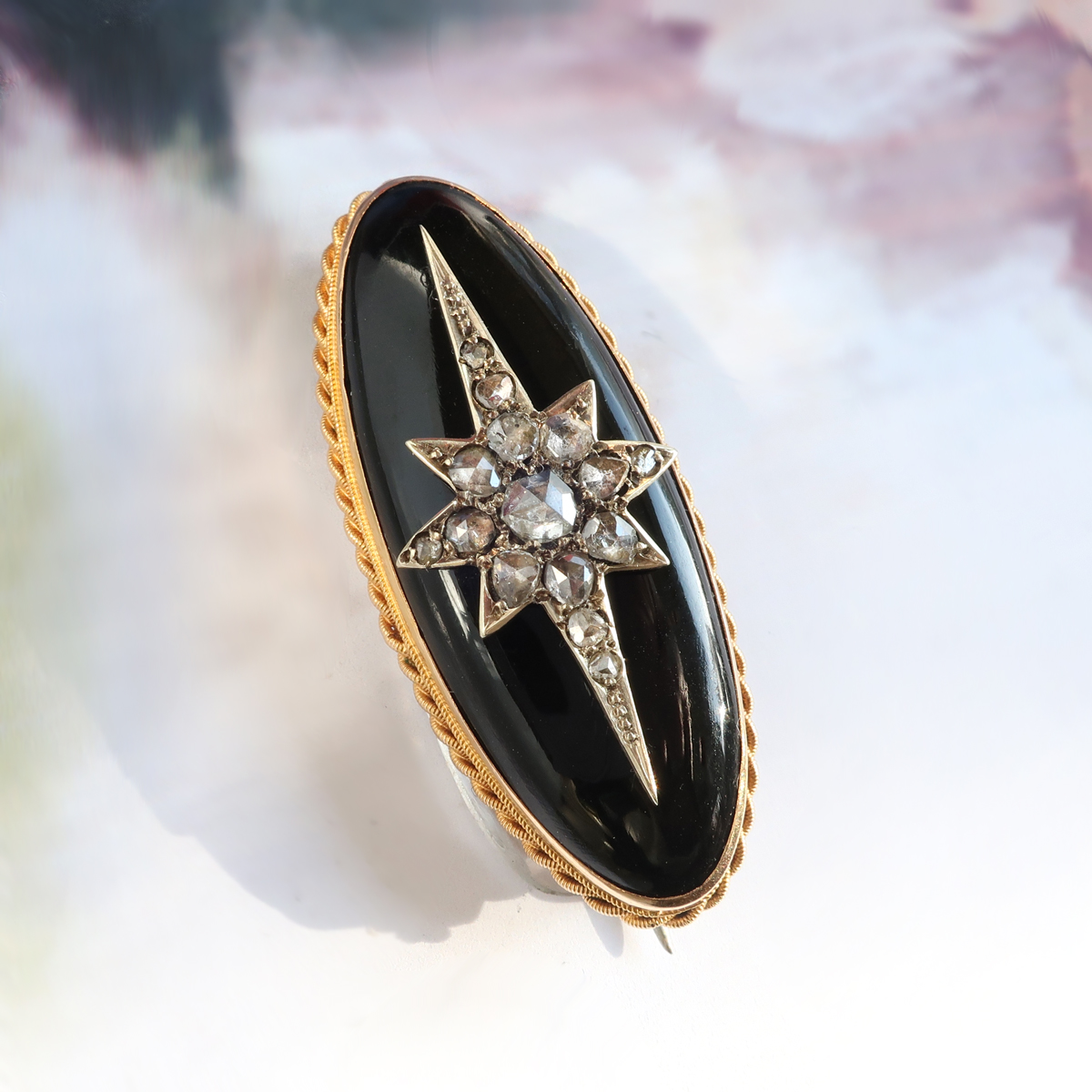 Victorian Rose Cut Diamond Onyx Hidden Mourning Locket Brooch 14K Antique Vintage Estate