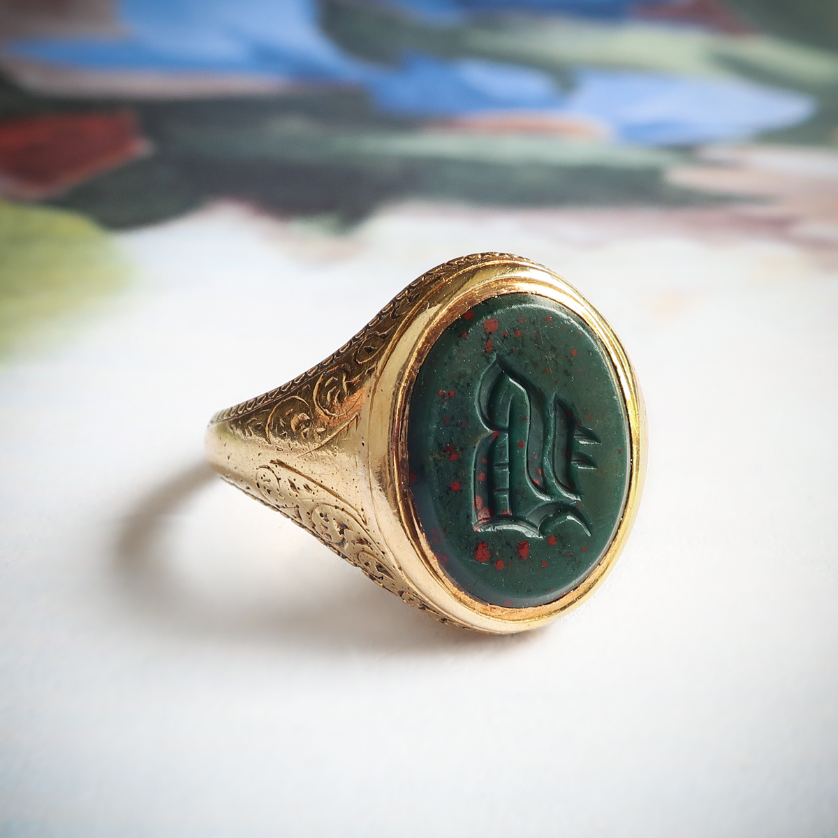 Antique Victorian Intaglio Bloodstone Wax Seal Initial R or B Ring