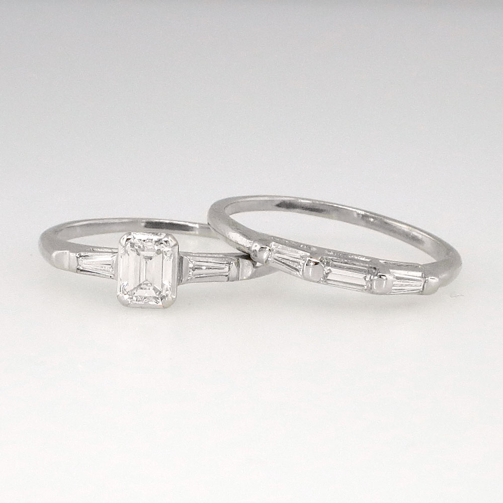 ... 1950's Emerald Cut Diamond  Baguette Engagement Ring Set 10k