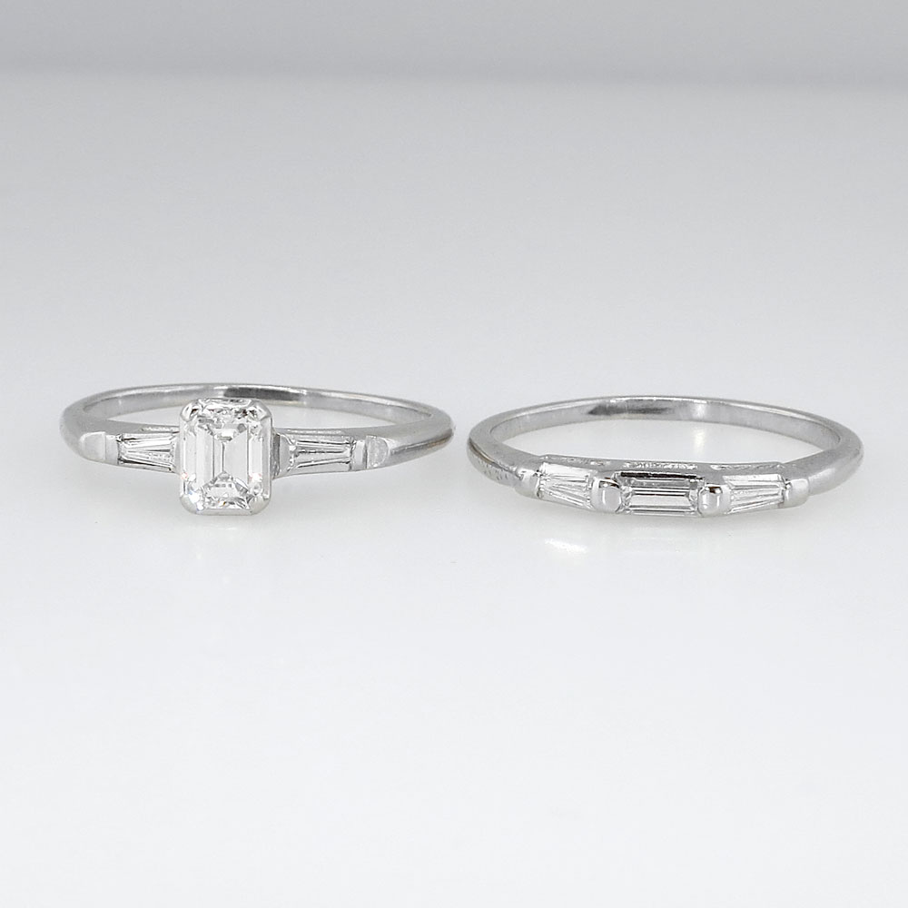 ... 1950's Emerald Cut Diamond  Baguette Engagement Ring Set 10k