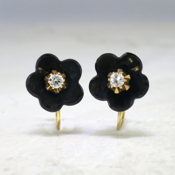 earrings antique 14k screw carved jet mine victorian genuine diamond cut 1890