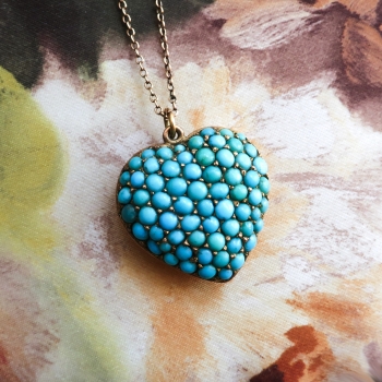 Antique 1880's Pave' Cabochon Natural Turquoise Victorian Gold Heart ...