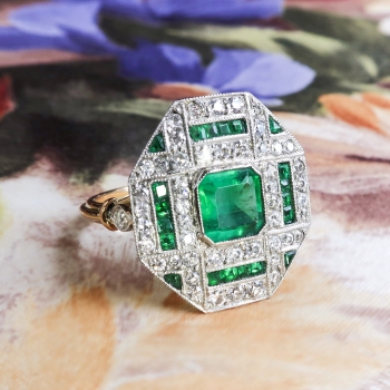 Art Deco Natural Emerald and Diamond Cocktail or Birthstone Ring 1 ...