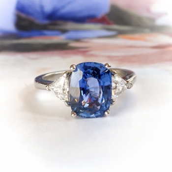 Estate Sapphire & Trillion Diamond Three Stone Ring 3.93ct t.w. Cushion ...