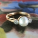 Elegant 1940's Pearl & Old Mine Cut Diamond Swedish Three Stone Ring 18k/SS