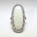 Vintage Estate 1940's Solid Opal & Diamond Halo Filigree 14k White Gold Engagement Cocktail Anniversary Ring  