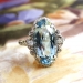 Art Deco Vintage 1930's Oval Aquamarine Diamond Anniversary Engagement Birthstone Cocktail Filigree 14k White Gold Ring