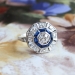 Art Deco 1930's Vintage Estate Old European Cut Diamond Lab Sapphire Double Halo Ring Platinum