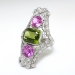 Huge Vintage 1920's 7.21ct t.w. Edwardian Pink Topaz Peridot Diamond Navette Cocktail Birthstone Ring Platinum