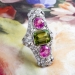 Huge Vintage 1920's 7.21ct t.w. Edwardian Pink Topaz Peridot Diamond Navette Cocktail Birthstone Ring Platinum