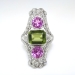 Huge Vintage 1920's 7.21ct t.w. Edwardian Pink Topaz Peridot Diamond Navette Cocktail Birthstone Ring Platinum