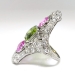 Huge Vintage 1920's 7.21ct t.w. Edwardian Pink Topaz Peridot Diamond Navette Cocktail Birthstone Ring Platinum