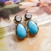 Antique Art Nouveau 1900's Turquoise & Old Mine Cut Diamond Earrings 14k Yellow Gold Sterling Silver
