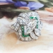 Art Deco Diamond Emerald Ring Circa 1930's 1.87ct t.w. Antique Marquise Cut Diamonds Hand Engraved Engagement Anniversary Ring Platinum 