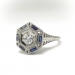 Art Deco Diamond and French Cut Synthetic Sapphire Engagement Hexagonal Ring 18k