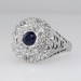 Round Sapphire & Double Row Old Mine Cut Diamond Ring 14k