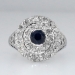 Round Sapphire & Double Row Old Mine Cut Diamond Ring 14k